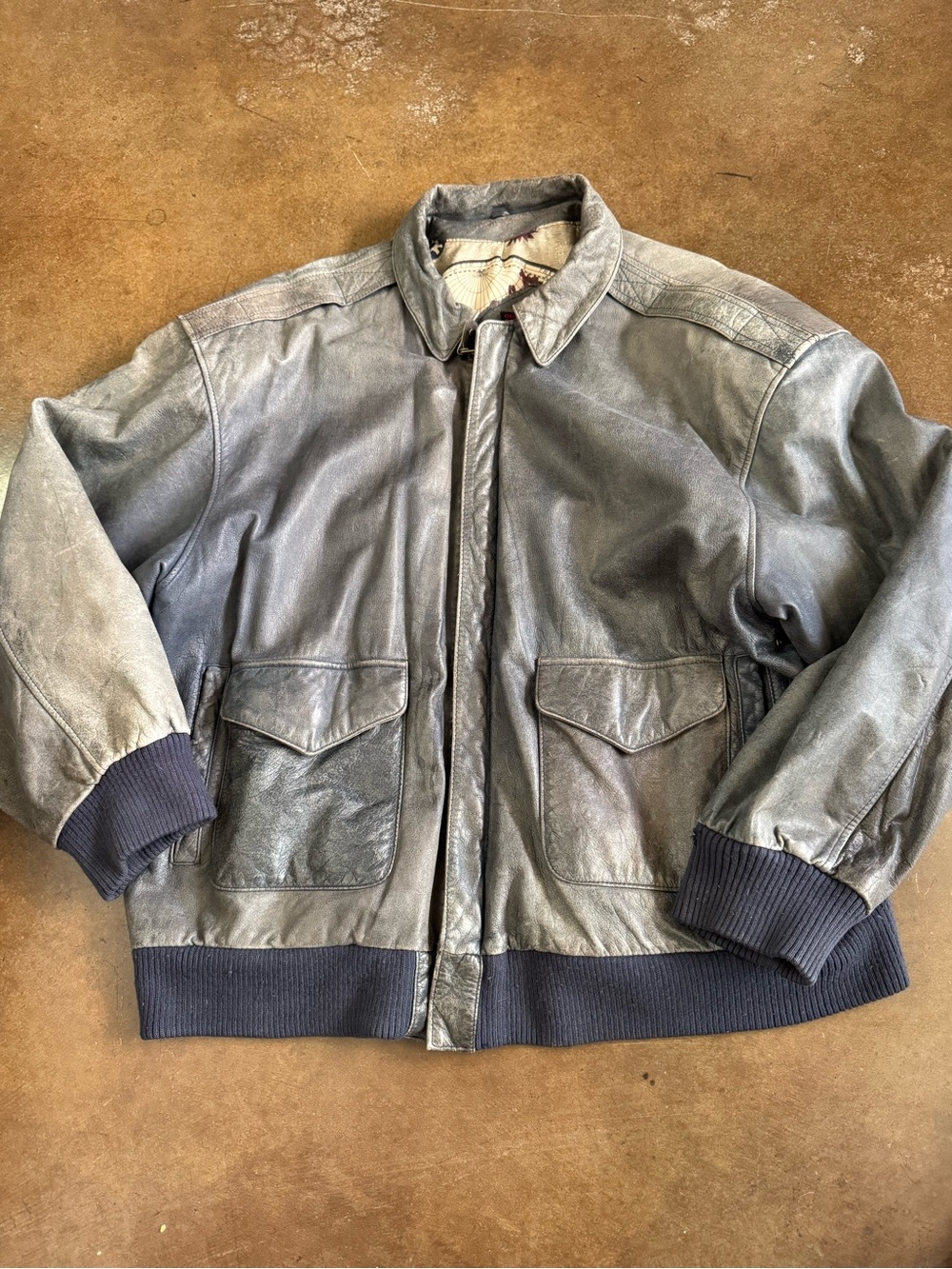 Men's Vintage Gray Leather Bomber Jacket with Ribbed Hem World Map Lining